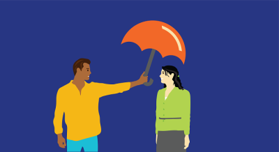 Image of a man in a yellow shirt and blue pants holding an orange umbrella over a woman in a green shirt with grey pants